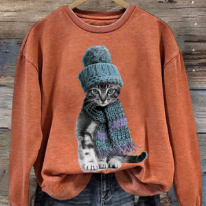 Women's Artistic Cat Print Sweatshirt, Hoodies&Sweatshirts, Lilicloth.com