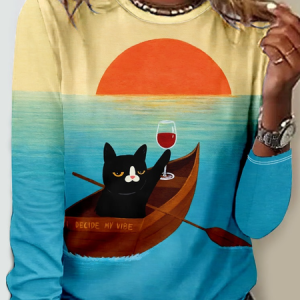 Funny Cat Casual Regular Fit Crew Neck Ombre Long Sleeve Shirt, Long sleeves, Lilicloth.com