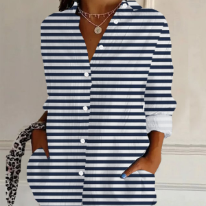 Shirt Collar Long Sleeve Striped Buckle Regular Loose Button Up Shirt Shirt For Women, Shirts, color:Blue|size:3XL, catalog Noracora shop