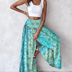 Plants Print Shirred High Waist Wide Leg Pants Vacation Pants, women Pants, ChicMe catalog