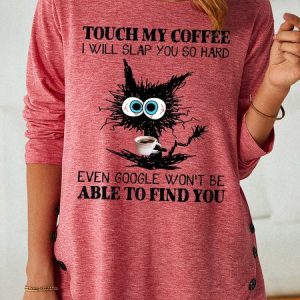 Womens Funny Letter Black Cat Print Crew Neck Top, Long sleeves, Lilicloth.com