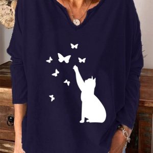 Cat and butterfly print V-neck long-sleeved top, Hoodies&Sweatshirts, Lilicloth.com