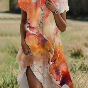 Women Abstract Crew Neck Short Sleeve Comfy Casual Midi Dress, Dresses, color:Orange|size:XXL, catalog Noracora shop