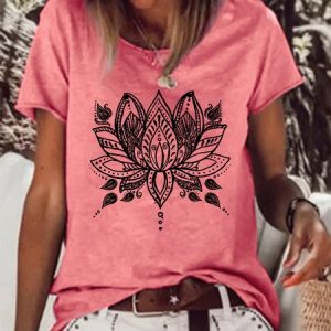 Lotus Print Women's Crew Neck T-Shirt, T-shirts, Lilicloth.com