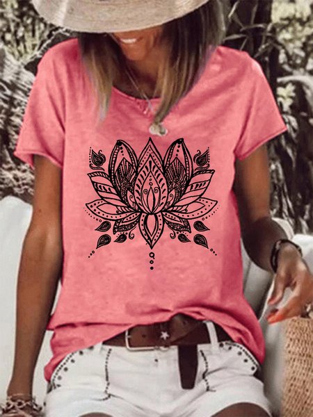 Lotus Print Women's Crew Neck T-Shirt, T-shirts, Lilicloth.com