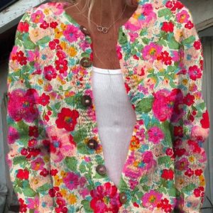 Casual 3D Printing Crew Neck Knitted Cardigan, Cardigans, Lilicloth.com