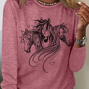 Women's Animal Horse Print Casual Top, Long sleeves, Lilicloth.com