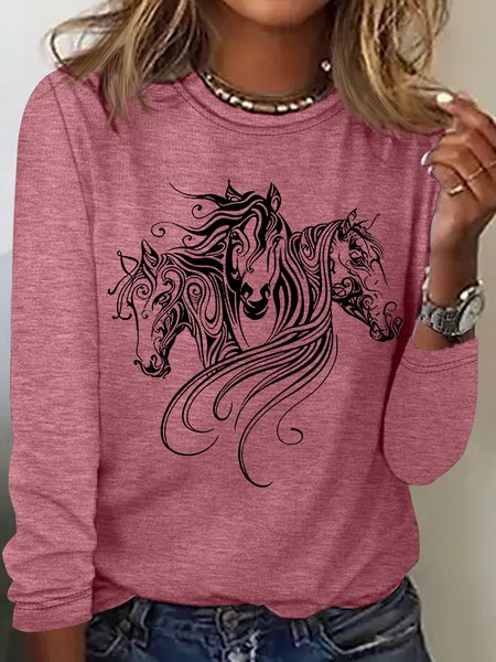 Women's Animal Horse Print Casual Top, Long sleeves, Lilicloth.com