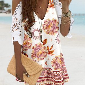 Floral Print Cold Shoulder Deep V Crochet Lace Mini Dress Casual Dress, women Print Dresses, ChicMe catalog