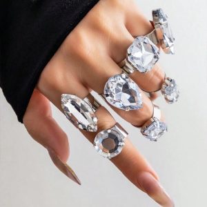7PCS Geometric Silver Crystal Rings Set Rhinestone Knuckle Stacking Jewelry Gifts, women Rings, ChicMe catalog