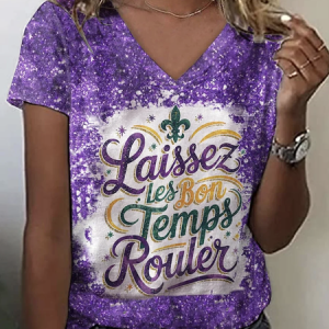 Mardi Gras Casual Ombre V Neck Short Sleeve T-shirt, T-shirts, color:Purple|size:4XL, catalog Noracora shop