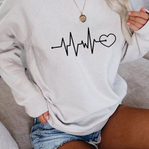 ECG Heart Print Round Neck Casual Loose Sweatshirts, Hoodies&Sweatshirts, Lilicloth.com