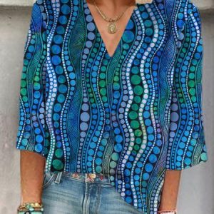 Abstract Print Long-sleeve V-neck Blouse, Blouses, Lilicloth.com
