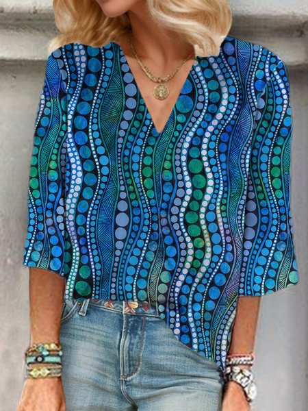 Abstract Print Long-sleeve V-neck Blouse, Blouses, Lilicloth.com