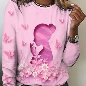 Casual Animal Crew Neck Long Sleeve T-shirt, T-shirts, color:Pink|size:5XL, catalog Noracora shop