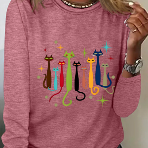 Vintage Retro Mid-Century Modern Look Cats Casual Long Sleeve Shirt, Long sleeves, Lilicloth.com