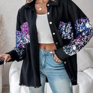 Colorblock Sequin Patchwork Long Sleeve Jacket Top Button Front Raw Hem Shacket, women Jackets & Coats, ChicMe catalog