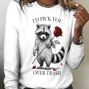 Vintage Cute Raccoon Crew Neck Long Sleeve T-shirt, T-shirts, color:White|size:4XL, catalog Noracora shop