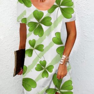 Four-leaf cCover Print Short-Sleeved Crew Neck Dress, Dresses, Lilicloth.com