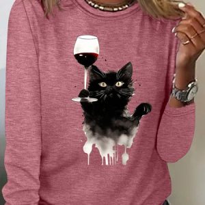 Cute Cat And Red Wine Casual Long Sleeve Shirt, Long sleeves, Lilicloth.com
