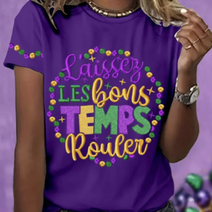 Mardi Gras Casual Text Letters Crew Neck Short Sleeve T-shirt, T-shirts, color:Purple|size:4XL, catalog Noracora shop