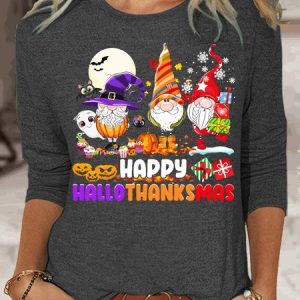 Womens Funny Hallothanksmas Gnome Holiday Top, Long sleeves, Lilicloth.com