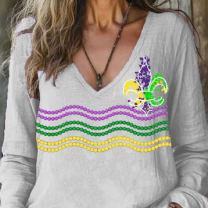 Mardi Gras Casual Striped V Neck Long Sleeve T-shirt, Tops, color:White|size:3XL, catalog Noracora shop
