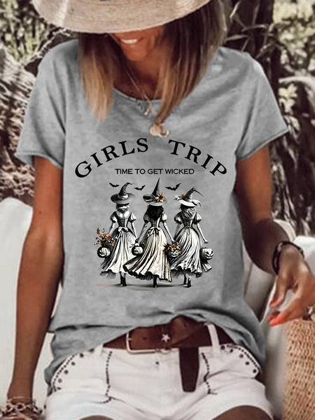 Women's Funny Halloween Witches Girls Trip Time To Get Wicked Casual T-Shirt, T-shirts, Lilicloth.com