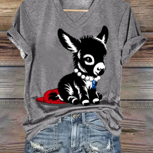 Women's Animal Donkey Print V-Neck Short Sleeve T-Shirt, T-shirts, Lilicloth.com