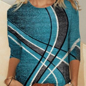 Women's Long Sleeve T-shirt Spring/Fall Blue Geometric Jersey Crew Neck Daily Going Out Casual Top, Long sleeves, Lilicloth.com