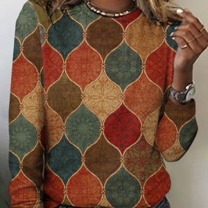 Retro geometric grid floral long sleeved T-shirt, Long sleeves, Lilicloth.com