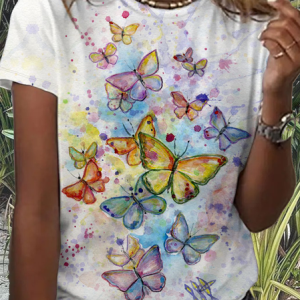 Women's Cute Butterfly Simple Color Block T-Shirt, T-shirts, Lilicloth.com