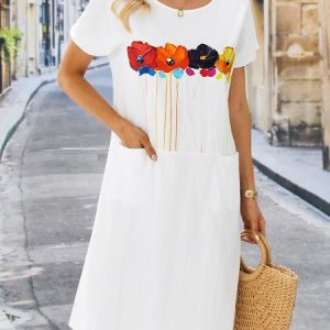 Casual Loosen Floral Pockets Midi Dress, Short, color:White|size:XS, catalog Noracora shop