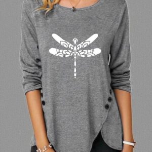 Casual Simple Dragonfly Mandala Print Crew Neck Long Sleeve Shirt, Long sleeves, Lilicloth.com