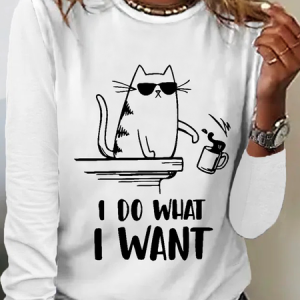 Women's Funny Cat Simple Crew Neck Long Sleeve Top, Long sleeves, Lilicloth.com