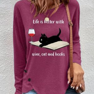 Women's Life Is Better With Wine Cat And Books Casual Crew Neck Top, Long sleeves, Lilicloth.com