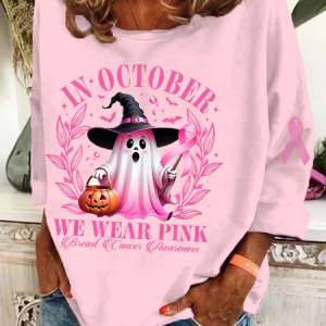Women's In October We Wear Pink Halloween Ghost Breast Cancer Awareness Warrior Sweatshirt, Hoodies&Sweatshirts, Lilicloth.com
