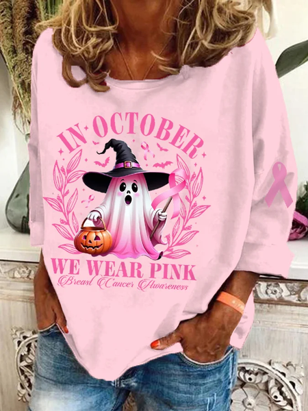 Women's In October We Wear Pink Halloween Ghost Breast Cancer Awareness Warrior Sweatshirt, Hoodies&Sweatshirts, Lilicloth.com