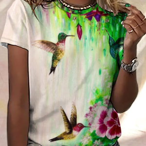 Women's Simple Floral Color Block Bird Loose T-Shirt, T-shirts, Lilicloth.com