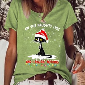 Women's Funny Christmas Cat Graphic Cotton-Blend T-shirt, T-shirts, Lilicloth.com