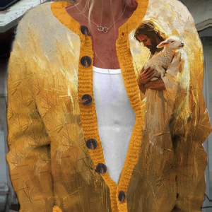 Women's Jesus Lamb Art Print Knit Cardigan, Cardigans, Lilicloth.com