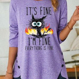 Women I’m Fine Black Cat Crew Neck Casual Top, Long sleeves, Lilicloth.com