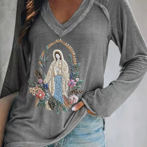 Women's Christian Our Lady Floral Printed V-neck T-shirt, Long sleeves, Lilicloth.com
