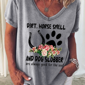 Women's Funny Horse Smell And Dog Slobber Loose Simple V Neck Shirt, T-shirts, Lilicloth.com