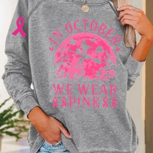In October We Wear Pink Breast Cancer Awareness Witch Pink Ribbon Print Casual Sweatshirt, Hoodies&Sweatshirts, Lilicloth.com