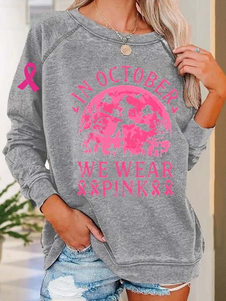 In October We Wear Pink Breast Cancer Awareness Witch Pink Ribbon Print Casual Sweatshirt, Hoodies&Sweatshirts, Lilicloth.com