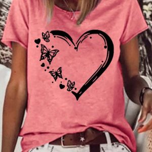 Women's Butterfly Heart Crew Neck Casual T-Shirt, T-shirts, Lilicloth.com