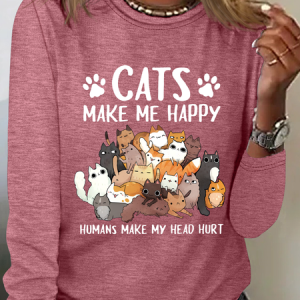 Cats Make Me Happy Humans Make My Head Hurt Casual Long Sleeve Shirtw, Long sleeves, Lilicloth.com