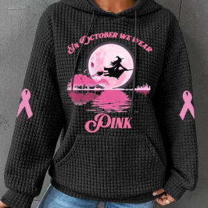 Women's In October We Wear Pink Halloween Witch Breast Cancer Awareness Warrior Waffle Hoodie, Hoodies&Sweatshirts, Lilicloth.com