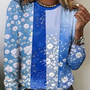 Vintage Plaid Crew Neck Long Sleeve T-shirt, T-shirts, color:Light Blue|size:4XL, catalog Noracora shop